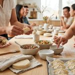 A close-up, photorealistic image of diverse hands delicately folding fresh dumplings around a clean, light-toned kitchen island in a modern home. Various stages of folding are shown, with pliable wrappers, vibrant fillings (meat, vegetables, shrimp), and neatly arranged ingredients. The scene is warm, inviting, and communal, bathed in soft natural light, emphasizing shared cooking and joy.