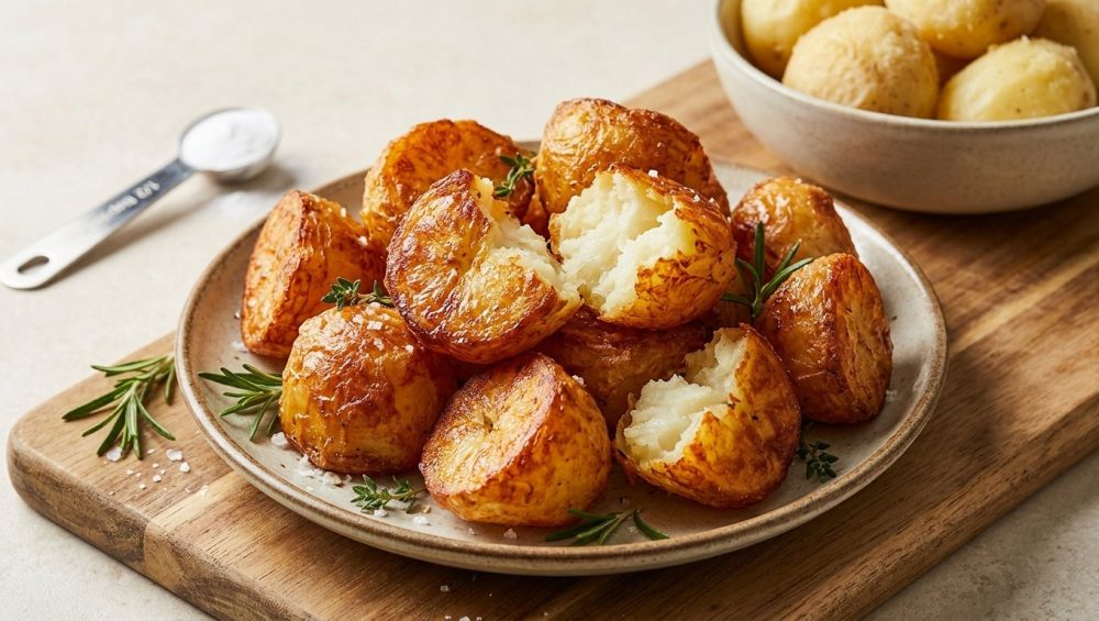 A generous serving of perfectly roasted potatoes, boasting a deep golden-brown, shatter-crisp, craggy crust, with some broken open to reveal steaming, fluffy white interiors. They are elegantly plated on a rustic dish, garnished with fresh rosemary and glistening sea salt flakes. In the soft-focus background, a measuring spoon holds baking soda near a bowl of parboiled potatoes, all bathed in warm, natural kitchen light.