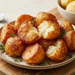 A generous serving of perfectly roasted potatoes, boasting a deep golden-brown, shatter-crisp, craggy crust, with some broken open to reveal steaming, fluffy white interiors. They are elegantly plated on a rustic dish, garnished with fresh rosemary and glistening sea salt flakes. In the soft-focus background, a measuring spoon holds baking soda near a bowl of parboiled potatoes, all bathed in warm, natural kitchen light.