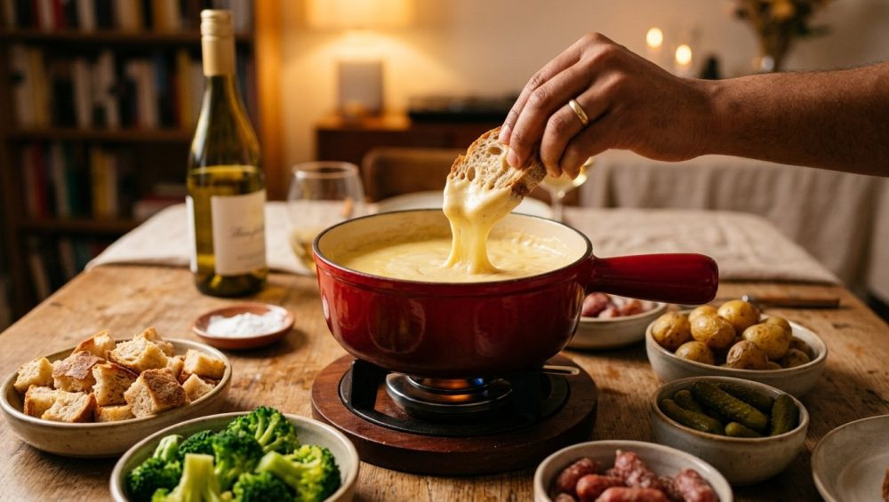 A photorealistic image shows a vibrant enamel cast iron pot of bubbling, creamy cheese fondue on a rustic wooden trivet. A hand with a ring dips crusty artisan bread into the molten cheese, creating a thick, golden stretch. Around the pot, elegant dishes hold various dippers: bread cubes, broccoli, roasted potatoes, cornichons, and sausages. The scene is bathed in warm, inviting light with a shallow depth of field, blurring a cozy home background.