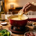A photorealistic image shows a vibrant enamel cast iron pot of bubbling, creamy cheese fondue on a rustic wooden trivet. A hand with a ring dips crusty artisan bread into the molten cheese, creating a thick, golden stretch. Around the pot, elegant dishes hold various dippers: bread cubes, broccoli, roasted potatoes, cornichons, and sausages. The scene is bathed in warm, inviting light with a shallow depth of field, blurring a cozy home background.