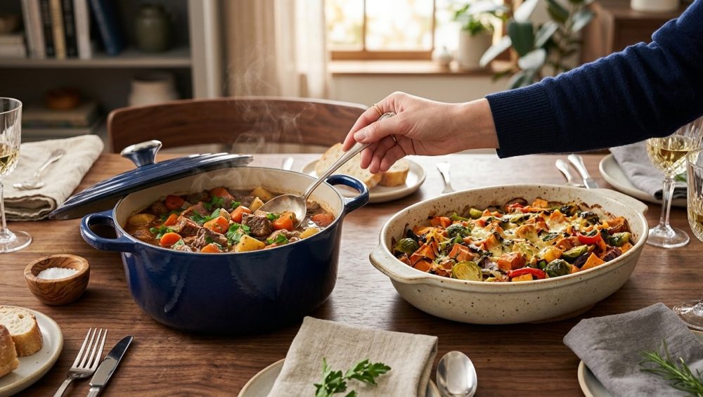 A high-angle, photorealistic view of an elegant dining table set for a communal meal, featuring a glossy deep blue Dutch oven and an earthy ceramic casserole dish, both brimming with steaming, vibrant food. Subtle hands reach for serving utensils amidst refined place settings and warm, inviting light.