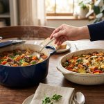 A high-angle, photorealistic view of an elegant dining table set for a communal meal, featuring a glossy deep blue Dutch oven and an earthy ceramic casserole dish, both brimming with steaming, vibrant food. Subtle hands reach for serving utensils amidst refined place settings and warm, inviting light.
