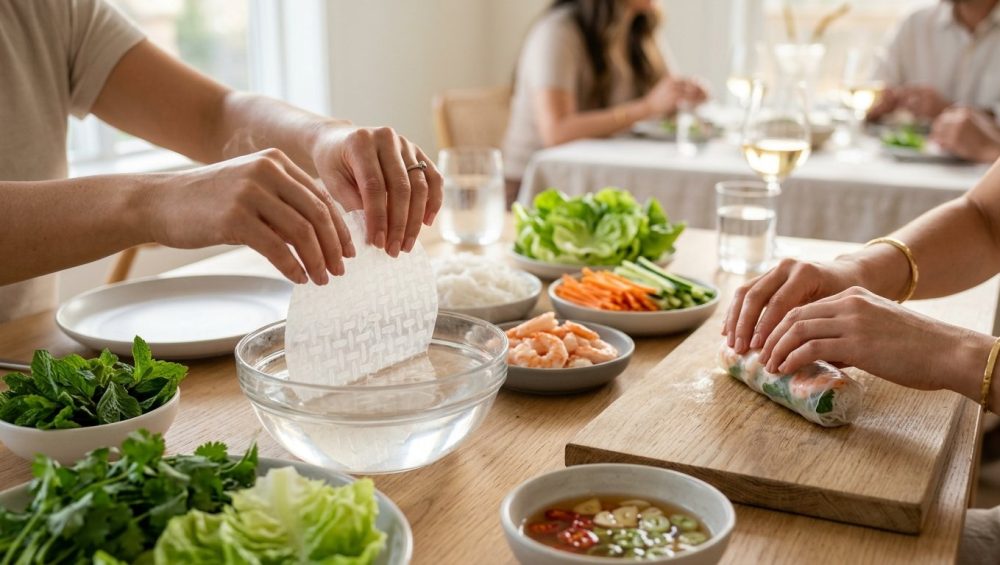 Elegant close-up of hands preparing fresh spring rolls at a clean, naturally lit home dinner. One hand dips translucent rice paper into water, while another assembles vibrant shrimp, herbs, and vegetables on a light wooden surface.