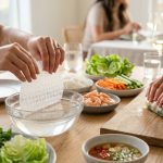 Elegant close-up of hands preparing fresh spring rolls at a clean, naturally lit home dinner. One hand dips translucent rice paper into water, while another assembles vibrant shrimp, herbs, and vegetables on a light wooden surface.
