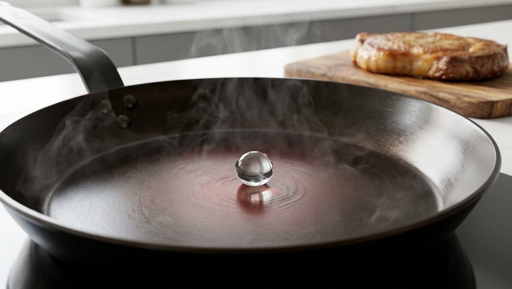 A perfectly spherical water droplet levitates and dances on an intensely hot, dark frying pan with wisps of steam, demonstrating the Leidenfrost effect. In the soft-focus background, a golden-brown seared piece of meat rests on a wooden cutting board.