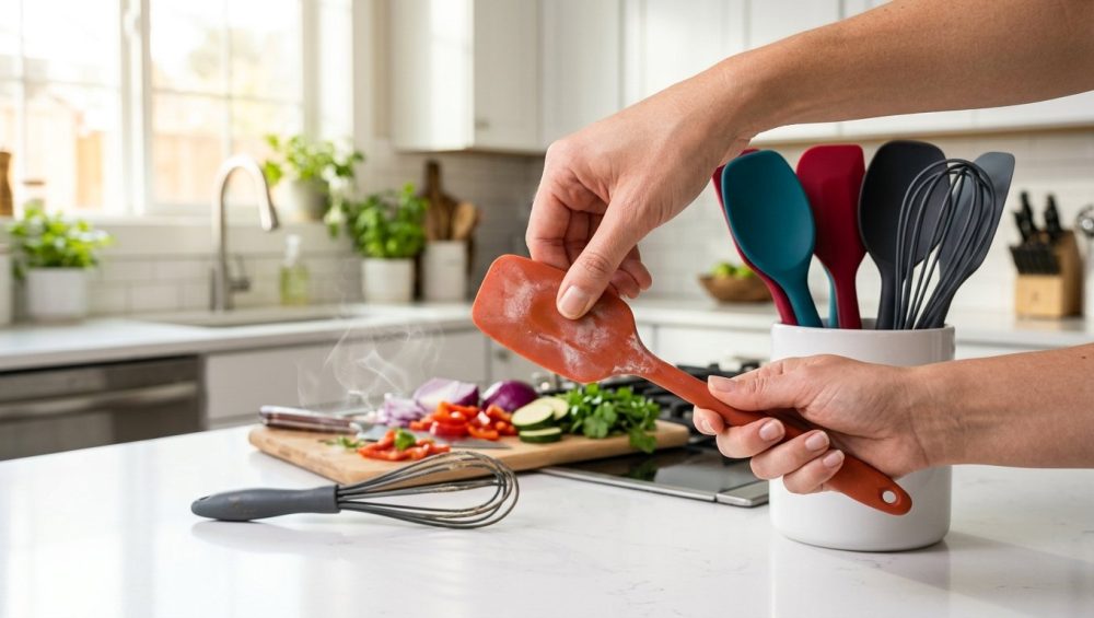 A bright, modern kitchen scene comparing low-quality and high-quality silicone kitchen tools. A hand performs a "pinch test" on a faded, cheap silicone spatula, revealing milky white filler residue underneath. Adjacent, a collection of vibrant, pure platinum silicone tools (spatulas, whisks, ladles) are neatly arranged in a sleek utensil crock, appearing pristine and durable. In the midground, a dull, warped silicone whisk subtly emits a hazy vapor, hinting at absorbed odors. Chopped vegetables on a cutting board are visible in the background, reinforcing the culinary setting.