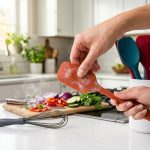 A bright, modern kitchen scene comparing low-quality and high-quality silicone kitchen tools. A hand performs a "pinch test" on a faded, cheap silicone spatula, revealing milky white filler residue underneath. Adjacent, a collection of vibrant, pure platinum silicone tools (spatulas, whisks, ladles) are neatly arranged in a sleek utensil crock, appearing pristine and durable. In the midground, a dull, warped silicone whisk subtly emits a hazy vapor, hinting at absorbed odors. Chopped vegetables on a cutting board are visible in the background, reinforcing the culinary setting.