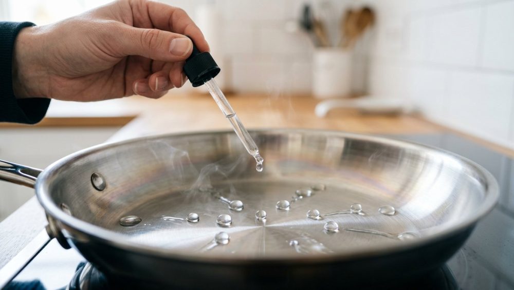 A photorealistic close-up of a pristine stainless steel skillet, perfectly heated to demonstrate the Leidenfrost effect. Spherical water droplets skitter and dance across the hot surface, surrounded by delicate steam, as a skilled hand carefully releases a final water drop. A softly blurred, modern kitchen forms the background, emphasizing precision and scientific elegance.