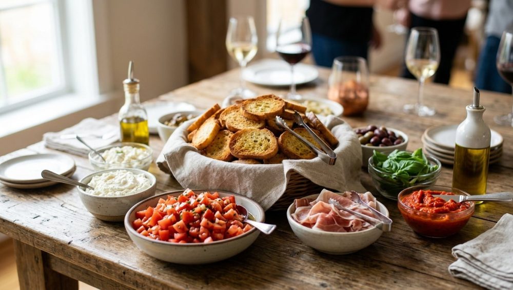 A photorealistic, elegantly arranged build-your-own crostini station, bathed in soft natural light. Golden-brown, crisp crostini are stacked in a rustic basket, surrounded by small bowls of vibrant toppings including diced tomatoes, creamy ricotta, prosciutto, fresh basil, Kalamata olives, and roasted red pepper spread. The detailed food is in sharp focus against a softly blurred background.