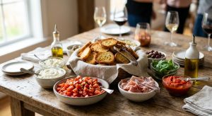 A photorealistic, elegantly arranged build-your-own crostini station, bathed in soft natural light. Golden-brown, crisp crostini are stacked in a rustic basket, surrounded by small bowls of vibrant toppings including diced tomatoes, creamy ricotta, prosciutto, fresh basil, Kalamata olives, and roasted red pepper spread. The detailed food is in sharp focus against a softly blurred background.