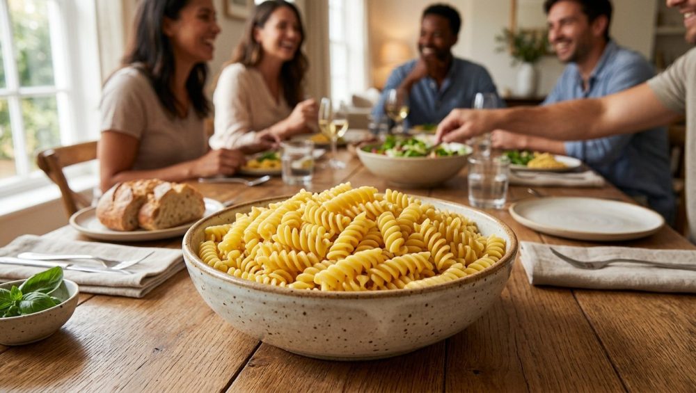 A photorealistic close-up of an inviting ceramic bowl brimming with perfectly cooked, glistening fusilli pasta, each piece distinct and appetizing. It sits on a warm wooden dining table, with blurred, happy guests sharing a communal meal in the background.