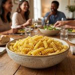 A photorealistic close-up of an inviting ceramic bowl brimming with perfectly cooked, glistening fusilli pasta, each piece distinct and appetizing. It sits on a warm wooden dining table, with blurred, happy guests sharing a communal meal in the background.