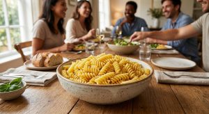 A photorealistic close-up of an inviting ceramic bowl brimming with perfectly cooked, glistening fusilli pasta, each piece distinct and appetizing. It sits on a warm wooden dining table, with blurred, happy guests sharing a communal meal in the background.