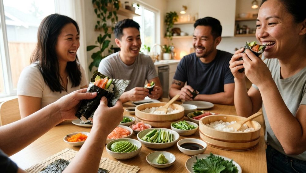 An ultra-photorealistic image of a joyful temaki hand roll gathering. Three to four friends or family members are actively assembling and enjoying fresh rolls, their hands focused on crisp nori, steaming sushi rice, glistening raw fish, avocado, and cucumber. A warm, inviting table is beautifully set with vibrant ingredients in small ceramic bowls. Soft, natural light illuminates the clean home setting, conveying connection and mindful enjoyment.