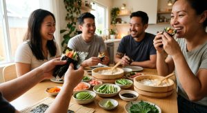 An ultra-photorealistic image of a joyful temaki hand roll gathering. Three to four friends or family members are actively assembling and enjoying fresh rolls, their hands focused on crisp nori, steaming sushi rice, glistening raw fish, avocado, and cucumber. A warm, inviting table is beautifully set with vibrant ingredients in small ceramic bowls. Soft, natural light illuminates the clean home setting, conveying connection and mindful enjoyment.