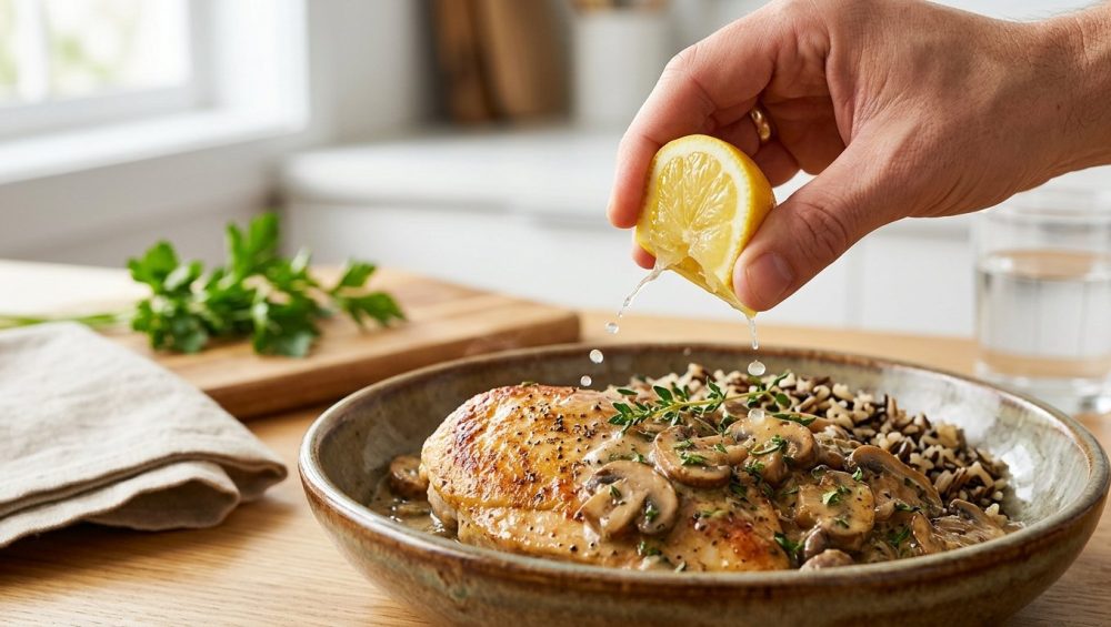 A close-up, photorealistic image shows a hand squeezing a vibrant lemon wedge over a hearty, plated meal. Lemon juice droplets arc towards the dish, visibly brightening and glistening the food where it lands, highlighting its freshness. The background is a softly blurred, clean kitchen.