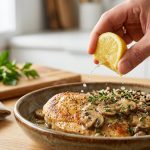 A close-up, photorealistic image shows a hand squeezing a vibrant lemon wedge over a hearty, plated meal. Lemon juice droplets arc towards the dish, visibly brightening and glistening the food where it lands, highlighting its freshness. The background is a softly blurred, clean kitchen.