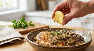 A close-up, photorealistic image shows a hand squeezing a vibrant lemon wedge over a hearty, plated meal. Lemon juice droplets arc towards the dish, visibly brightening and glistening the food where it lands, highlighting its freshness. The background is a softly blurred, clean kitchen.