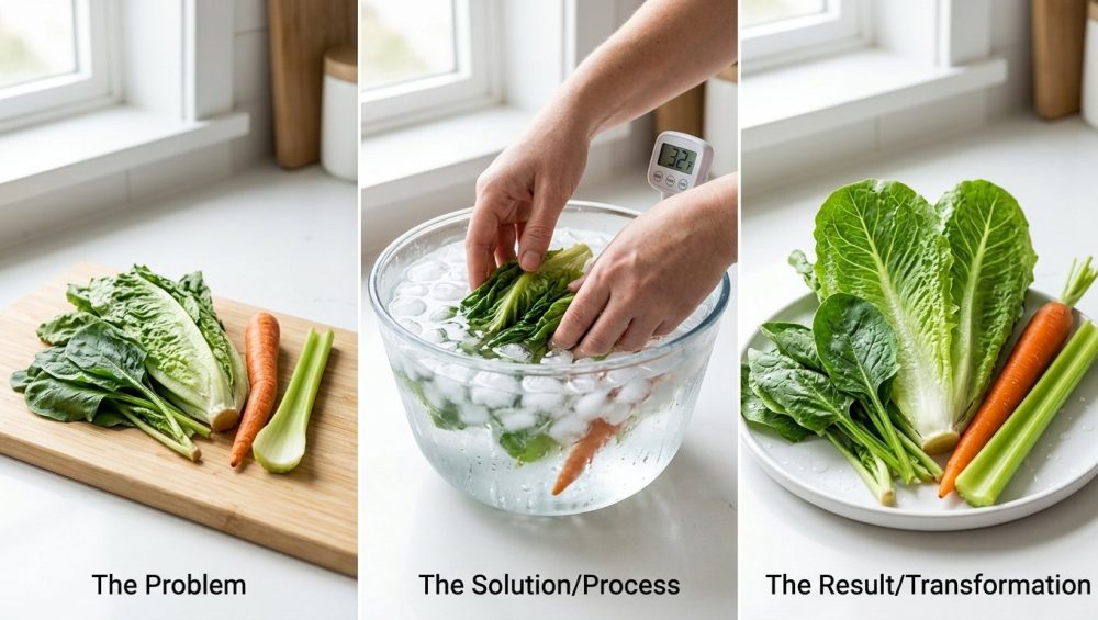 A photorealistic triptych showing the revitalization of wilted produce in a clean, bright modern kitchen. The left panel features limp leafy greens and soft root vegetables on a light wooden board. The center panel shows hands submerging similar produce into a clear glass bowl of ice water, with a thermometer reading 32°F. The right panel displays the same produce now crisp, vibrant, and firm, with sparkling water droplets, arranged on a white plate.