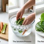 A photorealistic triptych showing the revitalization of wilted produce in a clean, bright modern kitchen. The left panel features limp leafy greens and soft root vegetables on a light wooden board. The center panel shows hands submerging similar produce into a clear glass bowl of ice water, with a thermometer reading 32°F. The right panel displays the same produce now crisp, vibrant, and firm, with sparkling water droplets, arranged on a white plate.