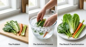 A photorealistic triptych showing the revitalization of wilted produce in a clean, bright modern kitchen. The left panel features limp leafy greens and soft root vegetables on a light wooden board. The center panel shows hands submerging similar produce into a clear glass bowl of ice water, with a thermometer reading 32°F. The right panel displays the same produce now crisp, vibrant, and firm, with sparkling water droplets, arranged on a white plate.