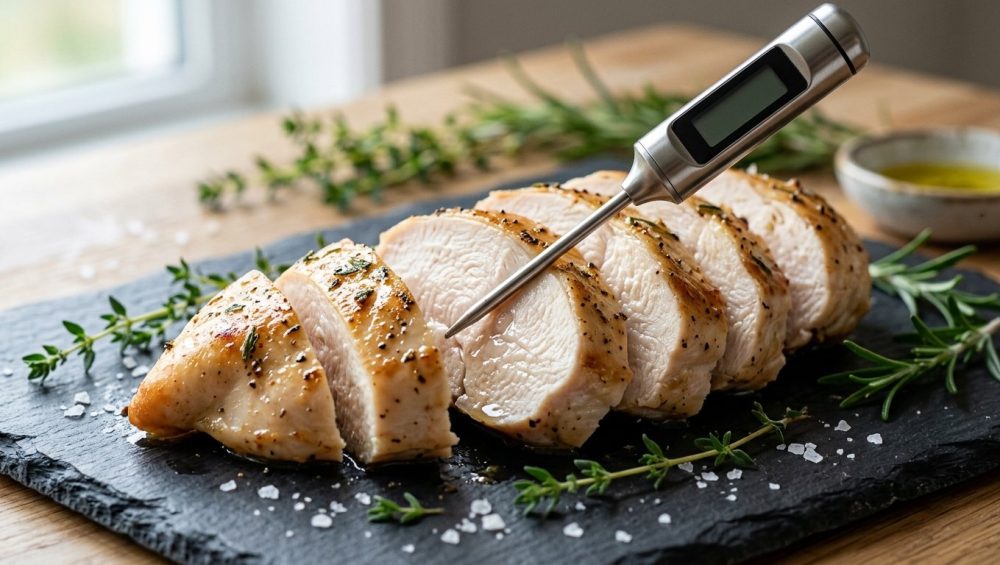 A perfectly cooked, glistening roasted chicken breast, sliced to reveal its moist, pearly-white interior and golden-brown sear. A sleek silver digital meat thermometer is subtly inserted, with blurred sea salt and fresh herbs on a minimalist cutting board in the background. The image is photorealistic and elegant.