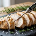 A perfectly cooked, glistening roasted chicken breast, sliced to reveal its moist, pearly-white interior and golden-brown sear. A sleek silver digital meat thermometer is subtly inserted, with blurred sea salt and fresh herbs on a minimalist cutting board in the background. The image is photorealistic and elegant.