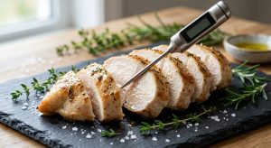 A perfectly cooked, glistening roasted chicken breast, sliced to reveal its moist, pearly-white interior and golden-brown sear. A sleek silver digital meat thermometer is subtly inserted, with blurred sea salt and fresh herbs on a minimalist cutting board in the background. The image is photorealistic and elegant.