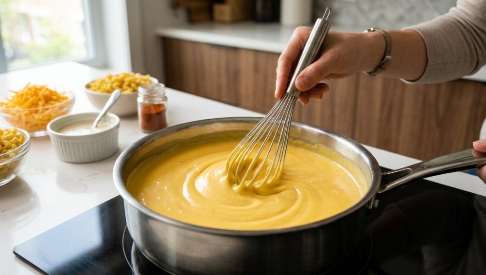 A close-up, photorealistic shot of a luscious, golden-yellow cheese sauce being expertly whisked in a gleaming stainless steel saucepan. A human hand creates a perfect, smooth swirl in the velvety sauce. The pristine, modern kitchen background shows blurred ingredients like shredded cheese and pasta, all bathed in soft, appetizing light.