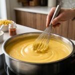 A close-up, photorealistic shot of a luscious, golden-yellow cheese sauce being expertly whisked in a gleaming stainless steel saucepan. A human hand creates a perfect, smooth swirl in the velvety sauce. The pristine, modern kitchen background shows blurred ingredients like shredded cheese and pasta, all bathed in soft, appetizing light.