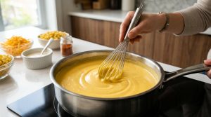 A close-up, photorealistic shot of a luscious, golden-yellow cheese sauce being expertly whisked in a gleaming stainless steel saucepan. A human hand creates a perfect, smooth swirl in the velvety sauce. The pristine, modern kitchen background shows blurred ingredients like shredded cheese and pasta, all bathed in soft, appetizing light.