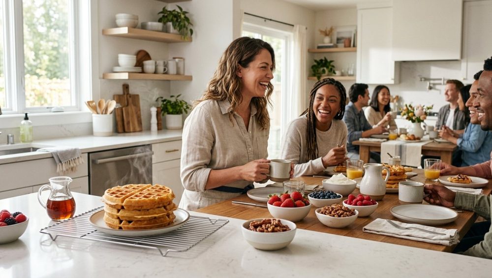 A photorealistic image shows a vibrant, communal brunch scene in a bright, modern kitchen and dining area, bathed in soft natural light. In the foreground, a stack of perfectly golden-brown, crisp waffles with subtle steam rests near a table where diverse guests laugh and converse, surrounded by fresh fruit, whipped cream, and maple syrup.