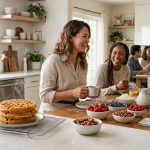 A photorealistic image shows a vibrant, communal brunch scene in a bright, modern kitchen and dining area, bathed in soft natural light. In the foreground, a stack of perfectly golden-brown, crisp waffles with subtle steam rests near a table where diverse guests laugh and converse, surrounded by fresh fruit, whipped cream, and maple syrup.