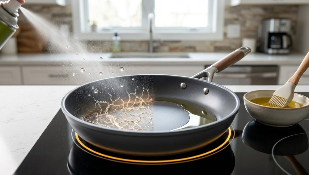 A photorealistic, split-panel image shows a non-stick frying pan in a modern kitchen. On the left, a fine mist from aerosol cooking spray deposits microscopic particles that polymerize into a subtle, sticky residue on the pan's surface. On the right, a bowl of golden cooking oil with a pastry brush accompanies a perfectly clean pan surface, illustrating a superior alternative for seasoning.