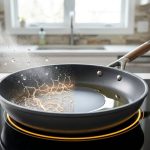 A photorealistic, split-panel image shows a non-stick frying pan in a modern kitchen. On the left, a fine mist from aerosol cooking spray deposits microscopic particles that polymerize into a subtle, sticky residue on the pan's surface. On the right, a bowl of golden cooking oil with a pastry brush accompanies a perfectly clean pan surface, illustrating a superior alternative for seasoning.
