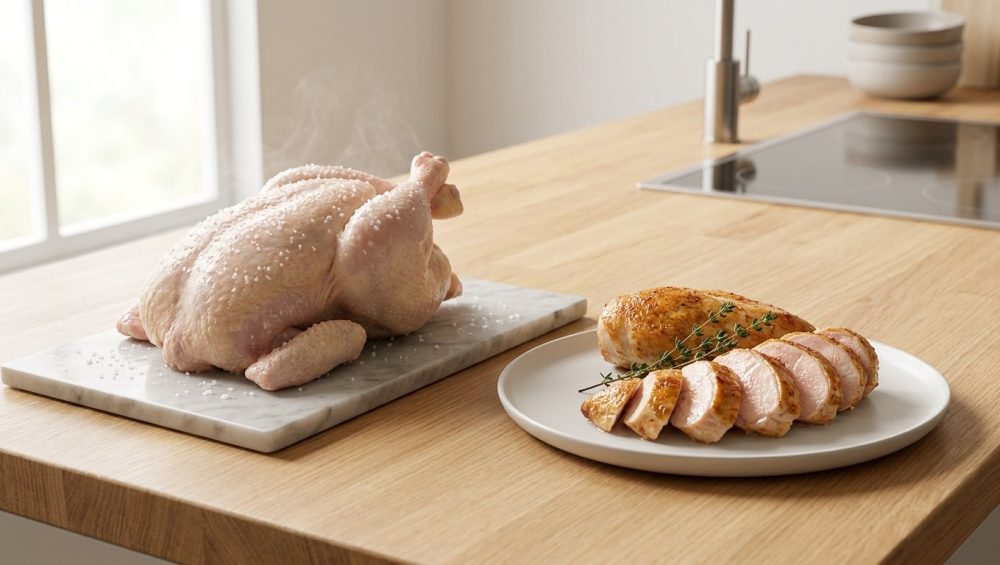 A hyper-realistic image on a pristine kitchen counter shows a raw, salt-brined chicken piece with a subtle shimmer of osmosis, positioned next to a perfectly roasted, sliced chicken piece with crisp skin and a moist, glistening interior. The scene conveys scientific elegance applied to effortless home cooking.