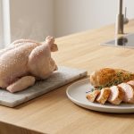 A hyper-realistic image on a pristine kitchen counter shows a raw, salt-brined chicken piece with a subtle shimmer of osmosis, positioned next to a perfectly roasted, sliced chicken piece with crisp skin and a moist, glistening interior. The scene conveys scientific elegance applied to effortless home cooking.