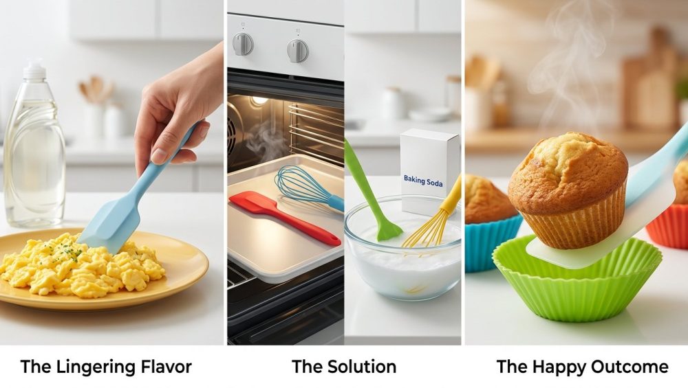 A photorealistic image detailing the process of restoring silicone kitchen tools. It shows a hesitant hand near scrambled eggs, silicone utensils being heat-cured and soaked in baking soda, and a perfect muffin lifted by a clean silicone spatula, signifying pure, untainted flavor.