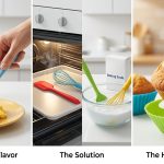A photorealistic image detailing the process of restoring silicone kitchen tools. It shows a hesitant hand near scrambled eggs, silicone utensils being heat-cured and soaked in baking soda, and a perfect muffin lifted by a clean silicone spatula, signifying pure, untainted flavor.