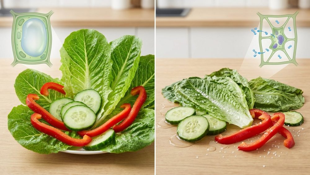 A photorealistic split image demonstrating the effects of osmosis on vegetables. On the left, vibrant, crisp romaine, cucumber, and bell pepper glisten with moisture, representing optimal turgor, with a subtle overlay of a full plant cell. On the right, the same vegetables appear wilted, dull, and surrounded by salt crystals and water, illustrating water loss, with an overlay of a shrunken plant cell. All on a blurred modern kitchen countertop.