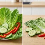 A photorealistic split image demonstrating the effects of osmosis on vegetables. On the left, vibrant, crisp romaine, cucumber, and bell pepper glisten with moisture, representing optimal turgor, with a subtle overlay of a full plant cell. On the right, the same vegetables appear wilted, dull, and surrounded by salt crystals and water, illustrating water loss, with an overlay of a shrunken plant cell. All on a blurred modern kitchen countertop.