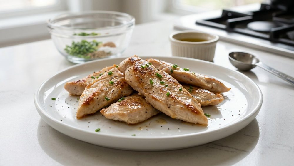 Close-up of perfectly pan-fried, thinly sliced golden-brown meat strips, glistening with moisture and appearing incredibly tender and juicy. They are simply arranged on a clean, minimalist white ceramic plate. A softly blurred modern kitchen counter with a glass bowl and measuring spoon is in the background, all under bright, natural lighting.