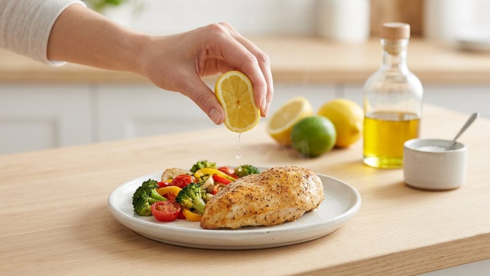 A close-up of a hand gracefully squeezing a vibrant half-lemon over a warm, roasted chicken breast, with glistening juice droplets arcing towards the food. In the soft-focus background, a pristine kitchen counter holds more fresh citrus and bottles, all bathed in bright natural light.