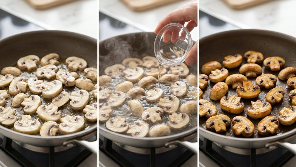 A photorealistic triptych showcasing the scientific transformation of white button mushrooms in a modern kitchen. The left panel shows pale, greasy, and soggy sliced mushrooms sautéing in a pan. The center panel depicts the same mushrooms simmering in a shallow layer of water, with steam rising and a hand adding water. The right panel displays the mushrooms perfectly seared to a firm, golden-brown, and appetizing finish, free of excess oil.