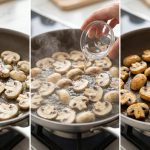 A photorealistic triptych showcasing the scientific transformation of white button mushrooms in a modern kitchen. The left panel shows pale, greasy, and soggy sliced mushrooms sautéing in a pan. The center panel depicts the same mushrooms simmering in a shallow layer of water, with steam rising and a hand adding water. The right panel displays the mushrooms perfectly seared to a firm, golden-brown, and appetizing finish, free of excess oil.