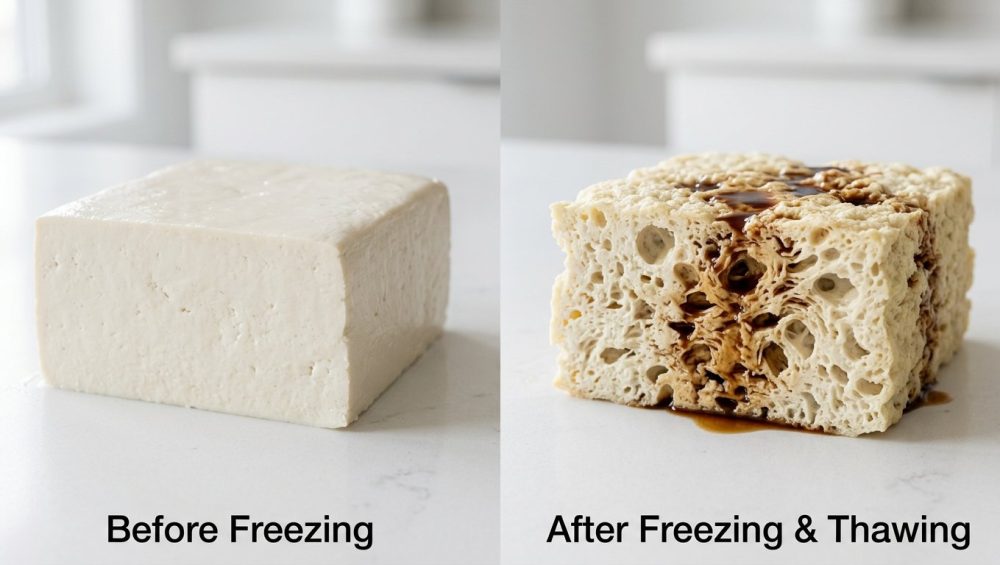 A diptych showing the transformation of extra-firm tofu: on the left, a smooth, dense block; on the right, the same tofu after freezing and thawing, now porous, sponge-like, and visibly absorbing a dark marinade into its intricate internal structure.