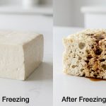 A diptych showing the transformation of extra-firm tofu: on the left, a smooth, dense block; on the right, the same tofu after freezing and thawing, now porous, sponge-like, and visibly absorbing a dark marinade into its intricate internal structure.