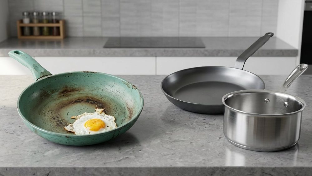 A still-life on a modern kitchen counter features a badly degraded green ceramic non-stick frying pan with a stuck fried egg. In stark contrast, a pristine dark gray carbon steel frying pan and a gleaming stainless steel saucepan are displayed, highlighting durable alternatives to the failed ceramic cookware.