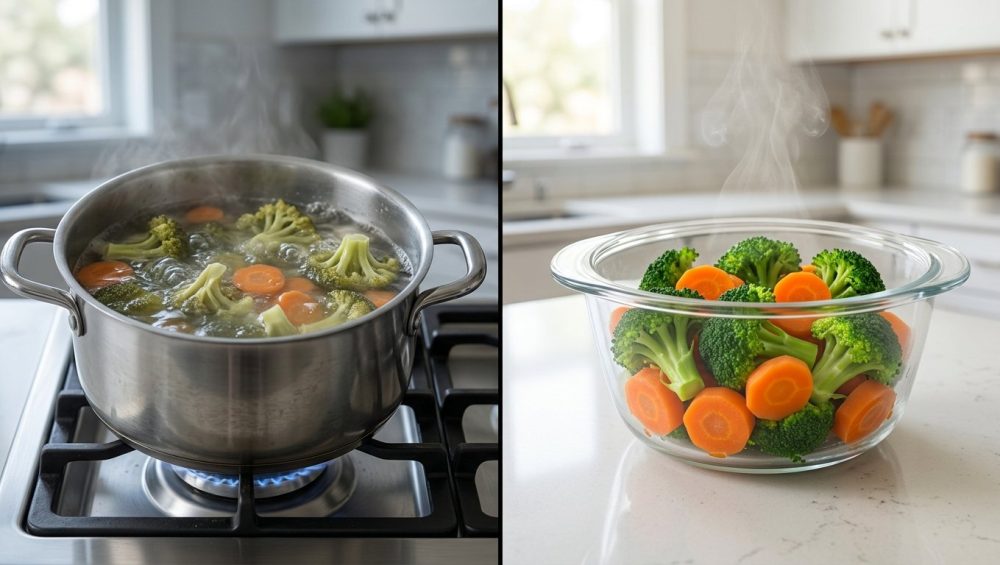 A photorealistic side-by-side comparison in a modern kitchen shows two vegetable preparation methods. On the left, limp, pale green broccoli and dull orange carrots are overcooking in a vigorously boiling pot. On the right, vibrant emerald green broccoli and brilliant orange carrots are perfectly steamed in a clear glass bowl, looking fresh and appetizing.